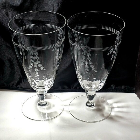 2 Art Deco Kusak Ice Tea Glasses 6.5" handcut flowers lines cut glass handblown - Picture 1 of 6